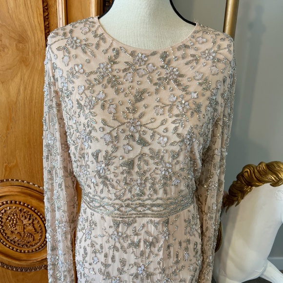 Mac Duggal 10812 Beaded Tea Length Dress Sheer Long Sleeves Women's Size 16 - Picture 3 of 11